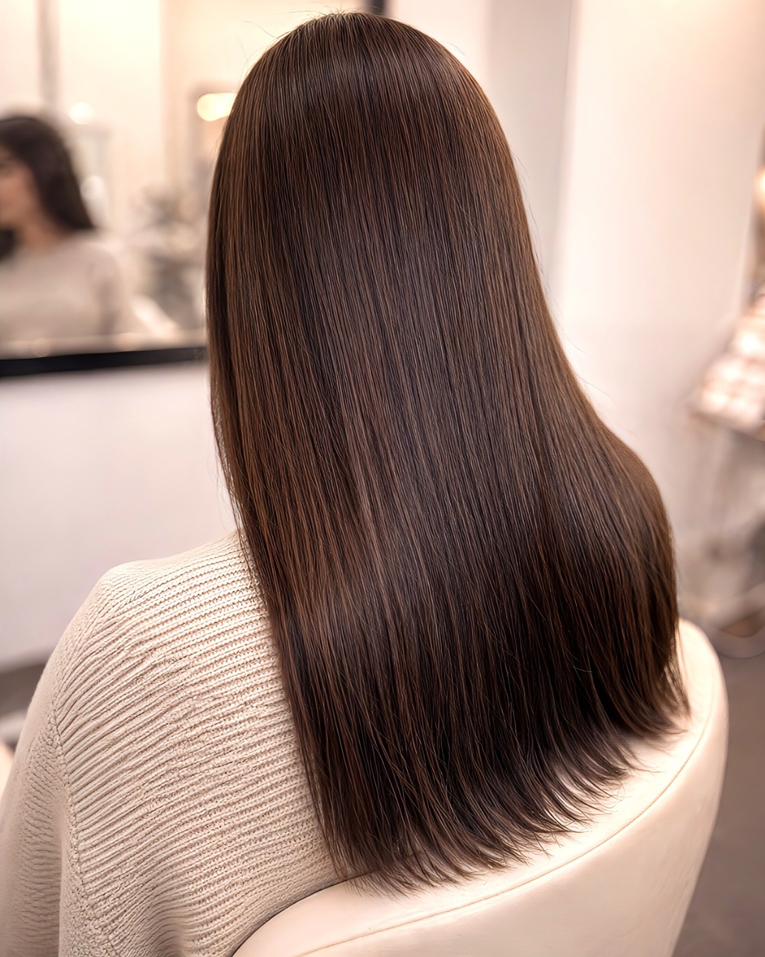 Exsiorのダメージレスカラー仕上がりイメージ。艶のあるブラウンヘアの後ろ髪